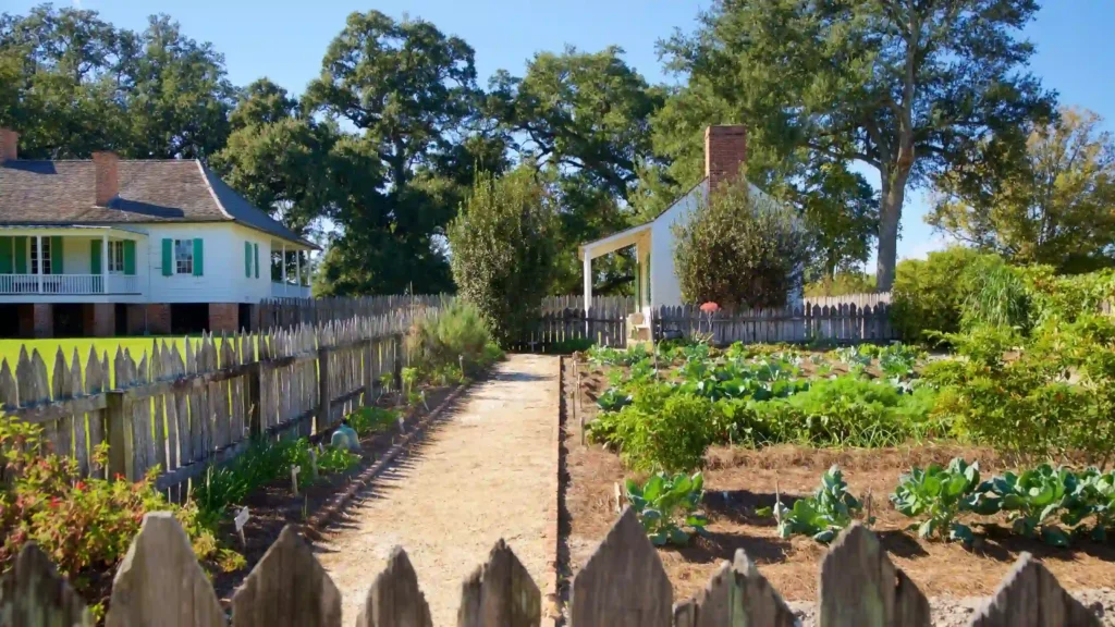 A picturesque garden with green plants growing in neat rows, bordered by a rustic wooden fence. A sandy pathway leads to two charming houses reminiscent of Magnolia Mound Plantation, surrounded by tall trees under a clear blue sky. The scene is bathed in bright sunlight.