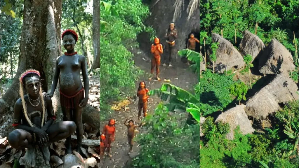 A composite image shows, from left to right, a woman and child with body paint and traditional attire standing among trees, a group of people with similar body paint walking through a forest path, and an aerial view of a small village with thatched-roof huts. 