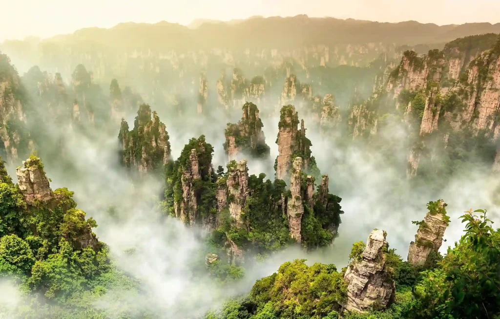 Tall, narrow rock formations covered in greenery rise from a fog-filled valley, with hazy mountains visible in the background, making The Tianzi Mountains a place that doesn't look real.