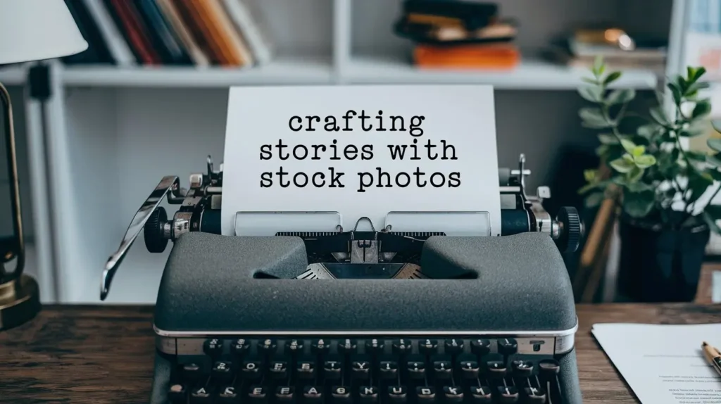 A photo of a vintage typewriter on a wooden desk. There's a piece of paper with the text "Crafting Stories with Stock Photos" typed out. The background is blurred and contains books, a lamp, and a plant.