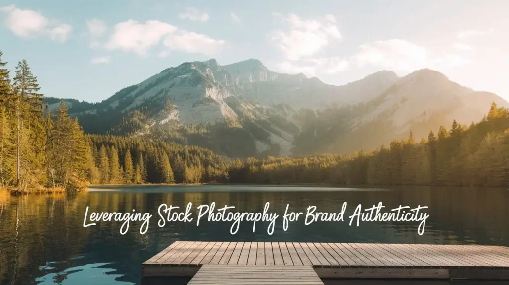 A photo of a beautiful landscape with a calm lake, lush forest and towering mountains. The sky is clear with a few clouds. There is a wooden pier that stretches out into the lake. The photo has soft and warm colors. Text "Using stock photos to boost your brand's credibility" It is placed in a cursive font at the bottom of the photo.