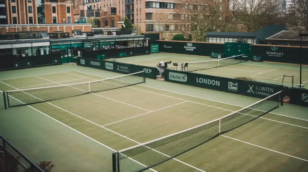 A photo of tennis club in London. The club is empty. The court has green grass. The club has white fences. The background contains buildings and trees. The lighting is bright.