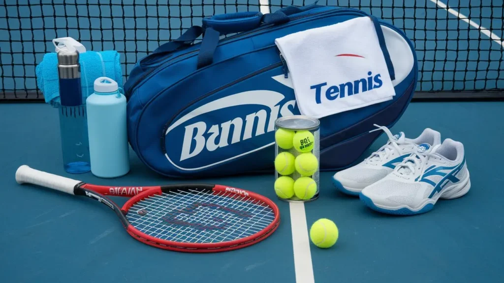 A photo of essential items and tools for new tennis players. There's a tennis racket with a white ball on the ground. There's a can of tennis balls, a tennis bag, and a pair of tennis shoes. There's also a tennis racket bag, a towel, and a water bottle. The background is a tennis court.